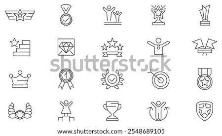 Winner line icon set. Trophy cup, medal, badge, winner, prize, membership, quality, badge, rank, cup, reward, certification, ribbon, line icon set. UI thin line icon pack.