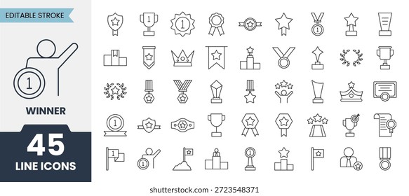 Iconos de línea ganadora establecidos con trazo editable. Contiene victoria, victoria, mejor, campeón, recompensa, desafío, podio y más. Ilustración vectorial