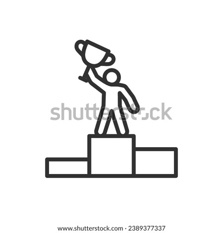 Winner, linear icon. The person with the cup on the podium. Line with editable stroke