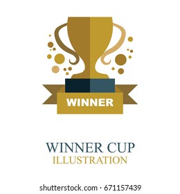 Winner logo and background with ribbon.
Trophy cup, confetti on pedestal isolated on white. 
Poster or brochure template. Vector illustration.
Winner cup icon.