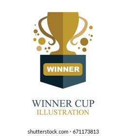 Winner logo and background with ribbon.
Trophy cup, confetti on pedestal isolated on white. 
Poster or brochure template. Vector illustration.
Winner cup icon.