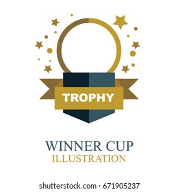 Winner logo and background with ribbon.
Trophy cup, confetti on pedestal isolated on white. 
Poster or brochure template. Vector illustration.
Winner cup icon.