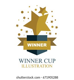 Winner logo and background with ribbon.
Trophy cup, confetti on pedestal isolated on white. 
Poster or brochure template. Vector illustration.
Winner cup icon with stars.