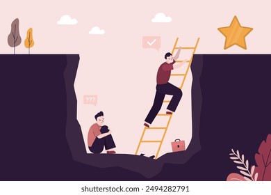 Winner and loser. Ambition successful businessman climbed out of the hole to target star. Sad unsuccessful entrepreneur sits in hole of debt. Give up, bankruptcy. Motivation for success. flat vector