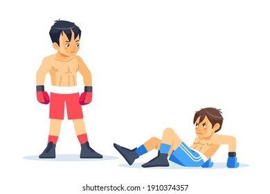Winner and a loser boxers. Beaten boxer lying on the floor during a boxing battle, having a knockdown on the ring. Professional Boxing among boys. Cartoon vector illustration isolated on white.