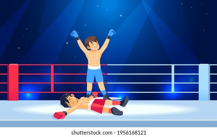 Winner and a loser boxers. Beaten boxer lying on the floor during a boxing battle, having a knockdown on the ring. Professional Boxing among boys. Cartoon vector illustration.