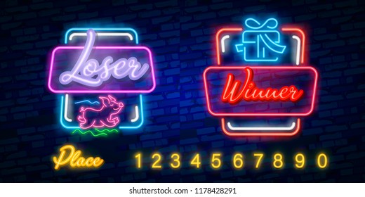 Winner and Loser Neon text Vector. Lottery neon sign, design template, modern trend design, night neon signboard, night bright advertising, light banner, light art.