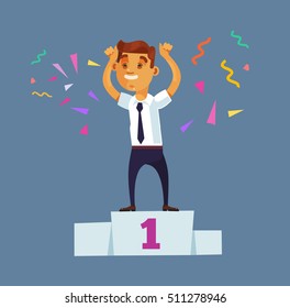  Winner man character on pedestal. Vector flat cartoon illustration