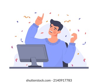 Winner man at computer. User with confetti, special offer for customers, drawing prizes and gifts. Successful employee, competition, motivation and leadership. Cartoon flat vector illustration