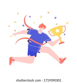Ganador con una copa de oro. El corredor cruza la línea de fin. El deporte y el logro de los objetivos. Ilustración plana vectorial con colorido carácter a la moda.