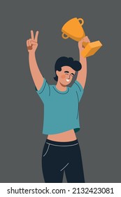 Winner. A man holds a goblet and rejoices in victory. Vector image. 