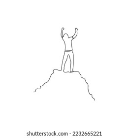 Winner man on mountain peak. One line art. Man stands with arms outstretched on top of the mountain. Success, power, motivation concept. Hand drawn vector illustration.