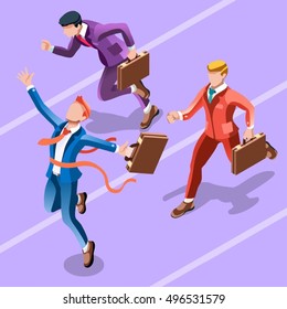 Winner man startup win concept infographic vector design 3D character men. Man ambition isometric people businesspeople. Vector business people startup win race. Isometric Business man winning race