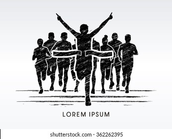 Winner Marathon Running With Crowd,  Designed Using Grunge Brush Graphic Vector.