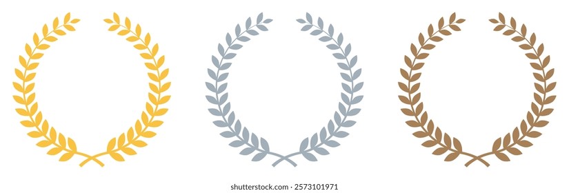 Winner medal award set. 1, 2, 3 place. Set of rank emblems. First, second and third place award in laurel wreath icon. Gold, silver and bronze laurel wreath. Flat design. Vector illustration.