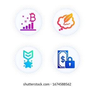 Winner medal, Copyright chat and Bitcoin graph icons simple set. Button with halftone dots. Private payment sign. Ranking star, Speech bubble, Cryptocurrency analytics. Secure finance. Vector