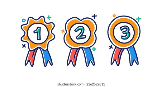 winner medal doodle Illustration vector. 1st 2nd 3rd medal first place second third award winner badge guarantee winning prize ribbon symbol sign icon logo template Vector clip art illustration