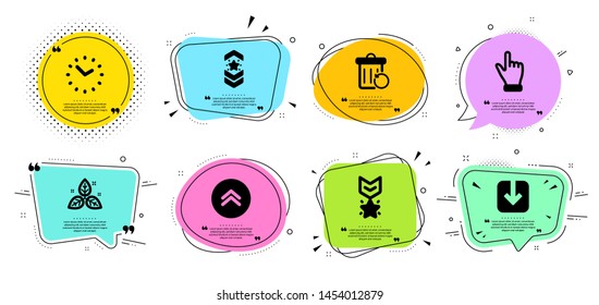 Winner medal, Fair trade and Shoulder strap line icons set. Chat bubbles with quotes. Recovery trash, Time and Click hand signs. Swipe up, Load document symbols. Ranking star, Leaf. Vector