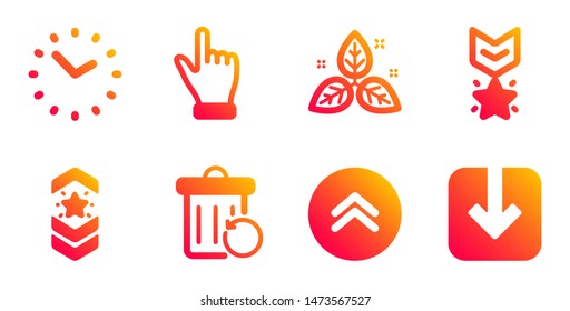 Winner medal, Fair trade and Shoulder strap line icons set. Recovery trash, Time and Click hand signs. Swipe up, Load document symbols. Ranking star, Leaf. Business set. Vector