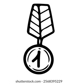 Winner medal for first place. Hand drawn doodle illustration. Achievement award. Competition victory. Sports games. Olympics. Ceremonial victory. Vector line art.