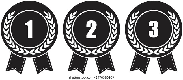 Winner Medal First to third, First, Second, third, medal With Ribbon, Competition Medal Black, Trophy for champions