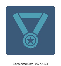 Winner medal icon from Award Buttons OverColor Set. Icon style is cyan and blue colors, flat rounded square button, white background.