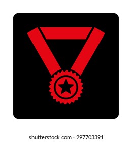 Winner medal icon from Award Buttons OverColor Set. Icon style is intensive red and black colors, flat rounded square button, white background.