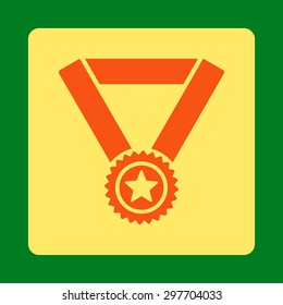 Winner medal icon from Award Buttons OverColor Set. Icon style is orange and yellow colors, flat rounded square button, green background.