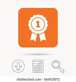 Winner medal icon. Award emblem symbol. Report chart, download and magnifier search signs. Orange square button with web icon. Vector