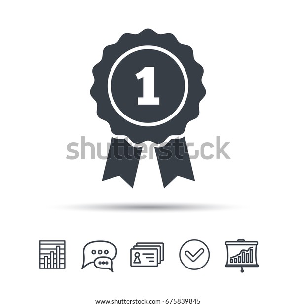 Winner medal icon. Award emblem symbol. Chat\
speech bubble, chart and presentation signs. Contacts and tick web\
icons. Vector