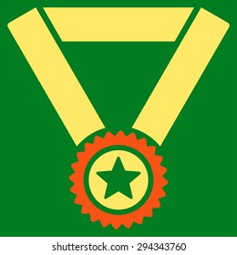 Winner medal icon from Competition & Success Bicolor Icon Set. Vector style: flat bicolor symbols, orange and yellow colors, rounded angles, green background.