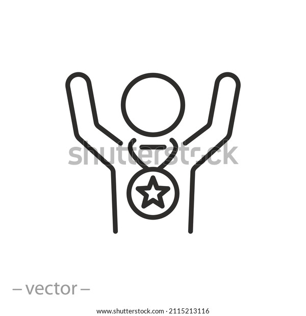 winner with medal icon, leader or champion,
victory award, thin line symbol on white background - editable
stroke vector
illustration