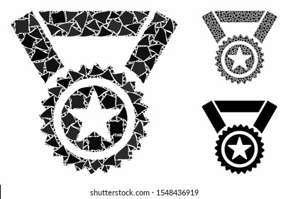 Winner medal mosaic of humpy pieces in various sizes and color tints, based on winner medal icon. Vector ragged dots are combined into mosaic. Winner medal icons collage with dotted pattern.