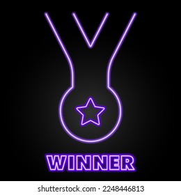 winner medal neon sign, modern glowing banner design, colorful modern design trends on black background. Vector illustration.