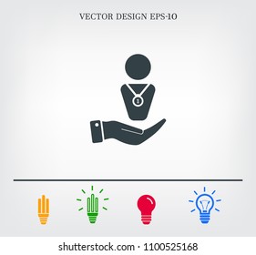Winner with medal on chest, vector icon.