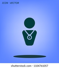 Winner with medal on chest, vector icon.