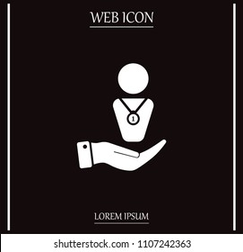 Winner with medal on chest, vector icon.