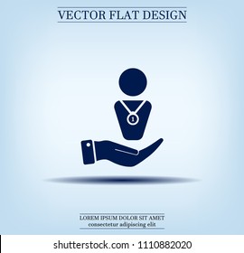 Winner with medal on chest, vector icon.