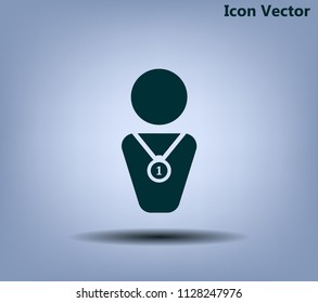 Winner with medal on chest, vector icon.
