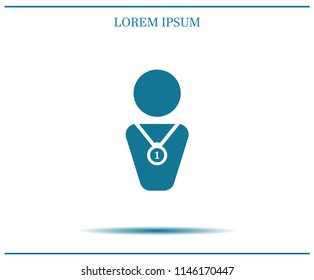Winner with medal on chest, vector icon.
