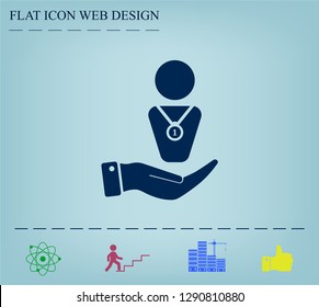 Winner with medal on chest, vector icon.