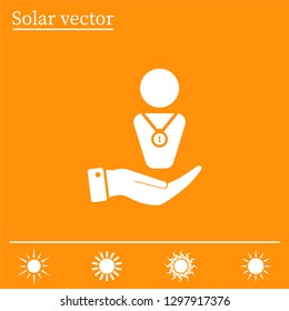 Winner with medal on chest, vector icon.
