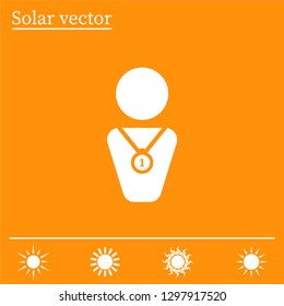 Winner with medal on chest, vector icon.