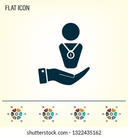 Winner with medal on chest, vector icon.