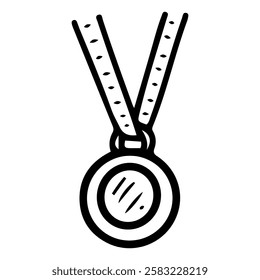 Winner medal on ribbon. Hand drawn doodle illustration. Award for achievements. Winning competition. Sports games. Olympics. Ceremonial victory. Vector line art.