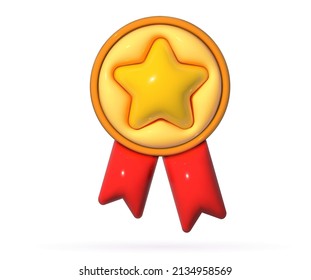 Winner Medal With Red Ribbon In 3d Cartoon Style. Award Rosette Badge Render. Soft Pop Vector Design Element