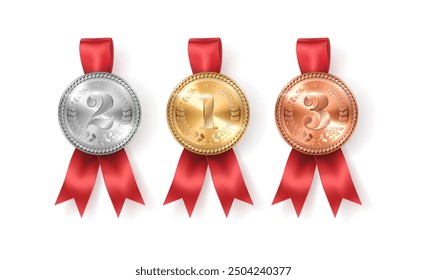 El ganador de la medalla recompensa con cintas y lazos de Ilustración vectorial realista. Trofeos de campeón para los modelos 3d de la victoria en el fondo blanco