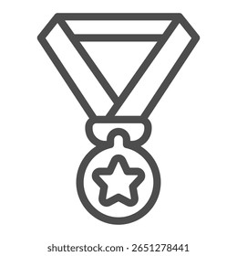 Winner medal with ribbon line icon, baseball game concept. Vector graphics. Medal with star, sport award sign on white background, outline style icon for mobile or web design