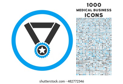 Winner Medal rounded vector bicolor icon with 1000 medical business icons. Set style is flat pictograms, blue and gray colors, white background.