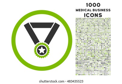 Winner Medal rounded vector bicolor icon with 1000 medical business icons. Set style is flat pictograms, eco green and gray colors, white background.
